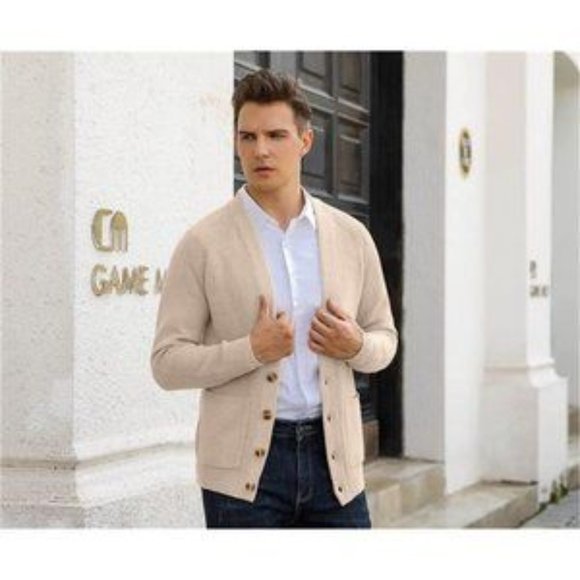 New Men's Cardigan Sweater Soft Cable Knit Beige - Picture 4 of 8
